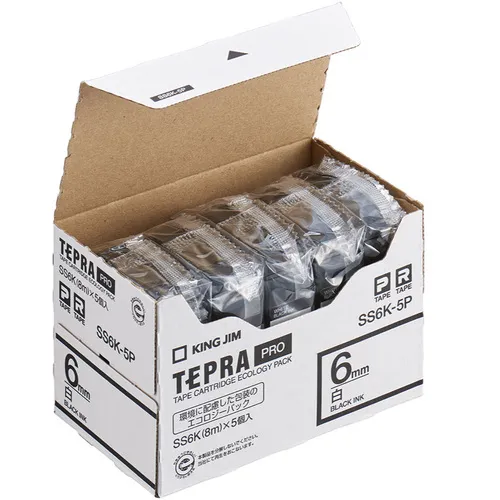 国王吉姆[funine]“ tepra”专业录像带6mm Eco Pack（5件） /白色标签 /黑色字母长度8M