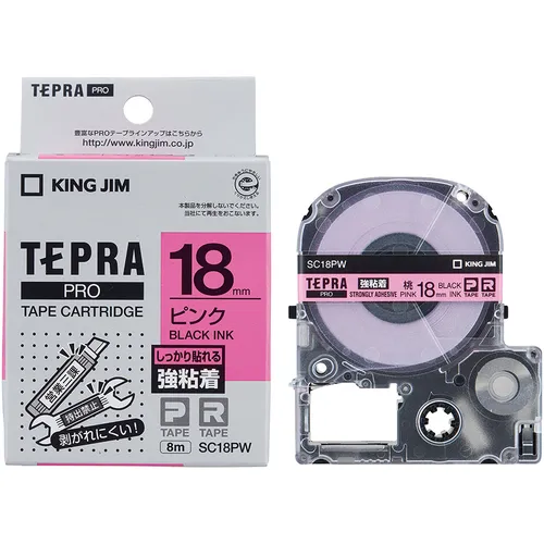 国王吉姆[funine]“ tepra” pro录像带18mm强粘性标签粉红色标签/黑色字母长度8m
