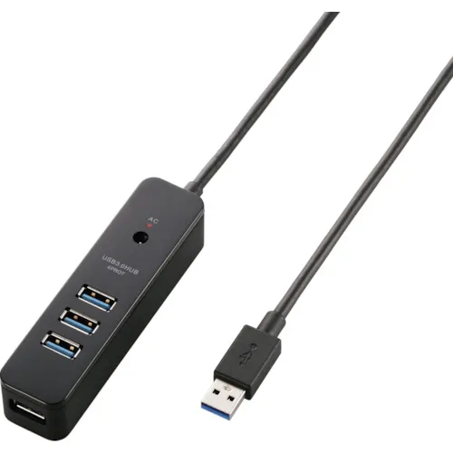 Elecom USB 3.0枢纽，带4个端口强磁铁，带有绳索守护者，黑色