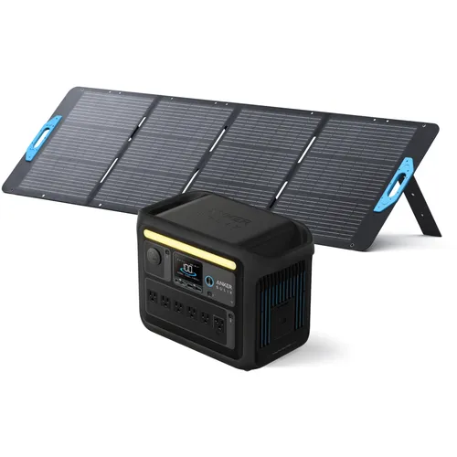 Anker便携式功率 +太阳能电池板SOLIX C1000黑色，带solix PS200捆绑集
