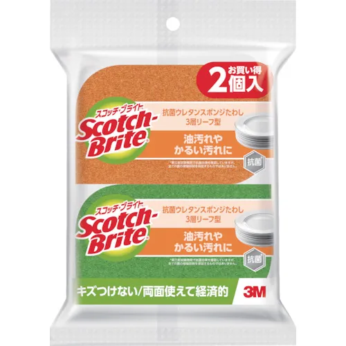 [停产] 3M苏格兰明亮的抗菌尿电烷海绵洗涤器（叶型）1片橙色和绿色