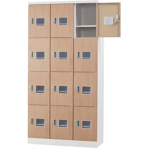 Houkoku高型储物柜，用于多杆人3行，4层：深型）（圆柱锁），带窗户，架子，木纹门